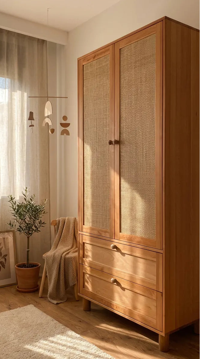 Yekum Solid Wood Bamboo Woven Bourbon Wardrobe