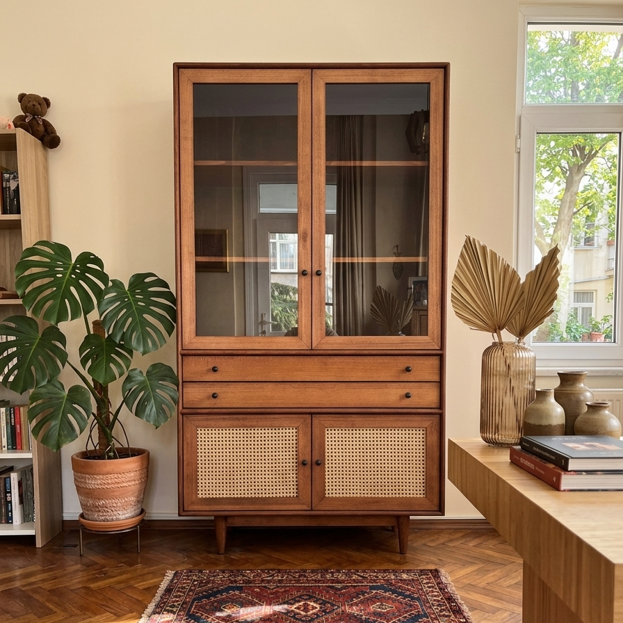 Mualla Solid Wood Bamboo Woven Teak Liquor Cabinet