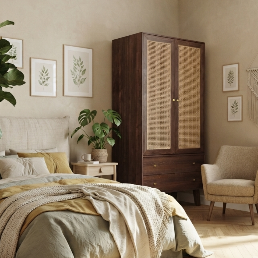 Yekum Solid Wood Bamboo Woven Chocolate Wardrobe