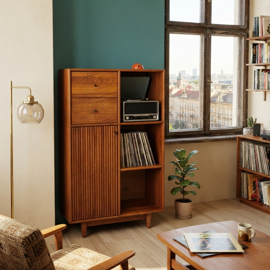Mazhar Solid Wood Cinnamon Brown Record Cabinet