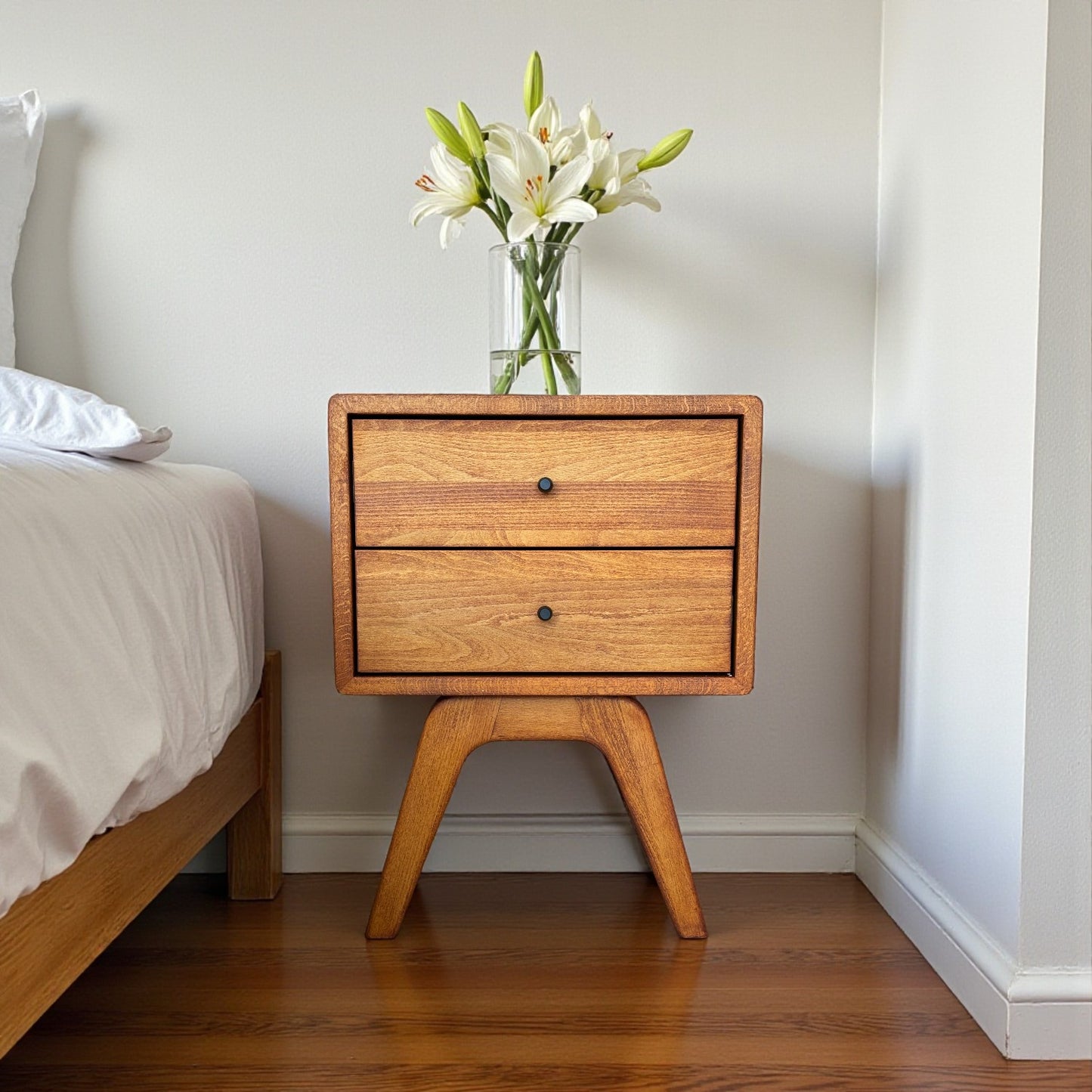 One-piece Solid Wood Double Drawer Cinnamon Brown Nightstand