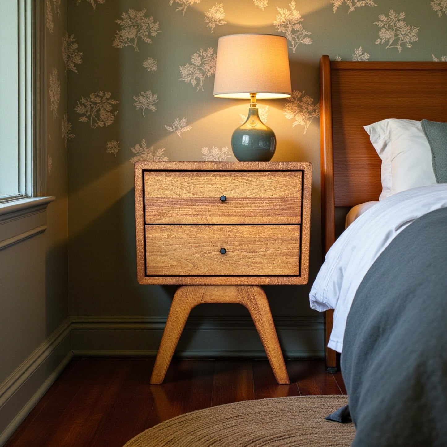 One-piece Solid Wood Double Drawer Cinnamon Brown Nightstand