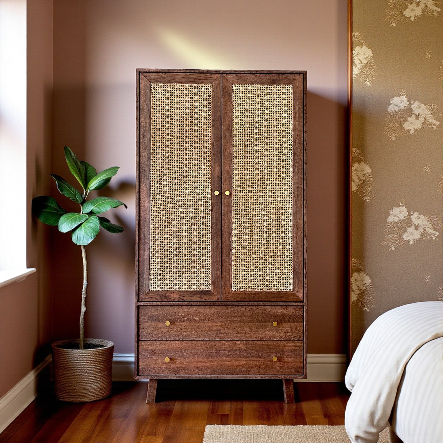 Yekum Solid Wood Bamboo Woven Chocolate Wardrobe