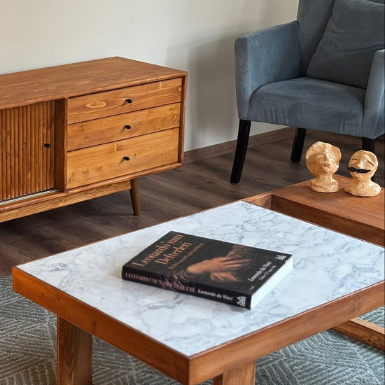 Şazimet Masif Ahşap Tik Orta Sehpa - Carrara White Mermerli