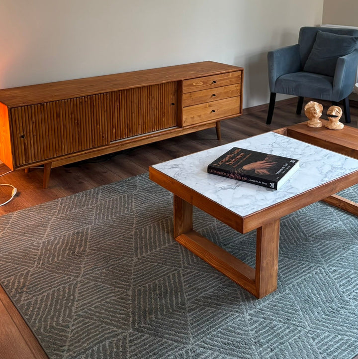 Şazimet Masif Ahşap Tik Orta Sehpa - Carrara White Mermerli