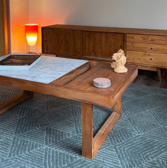 Şazimet Masif Ahşap Tik Orta Sehpa - Carrara White Mermerli