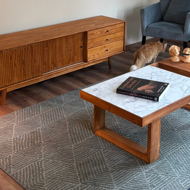 Şazimet Masif Ahşap Tik Orta Sehpa - Carrara White Mermerli