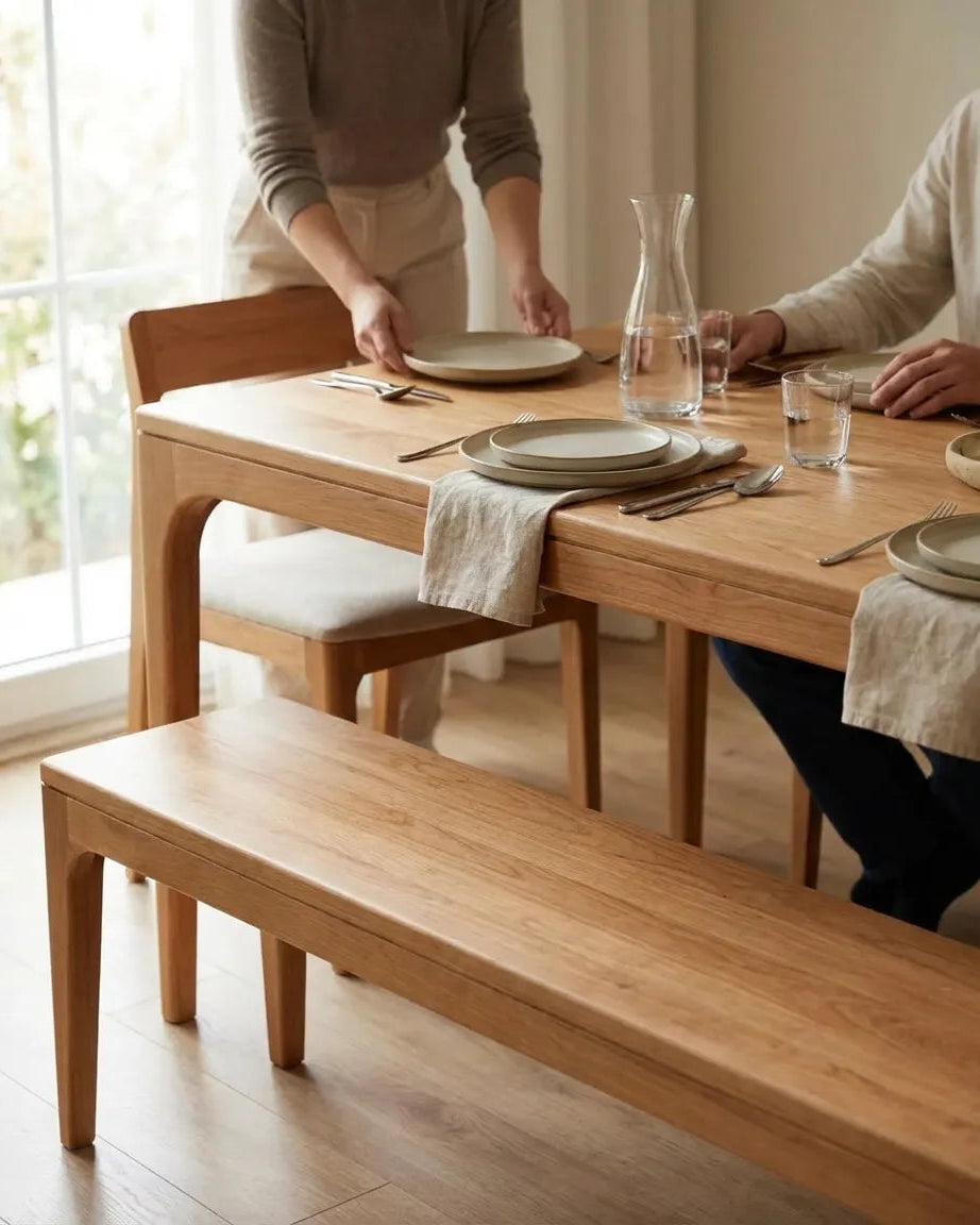 Naif Solid Wood Bourbon Dining Table and Bench