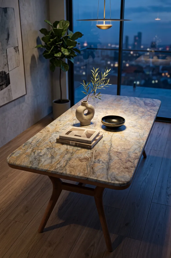 Ark Solid Wood BlueJean Marble Bourbon Dining Table