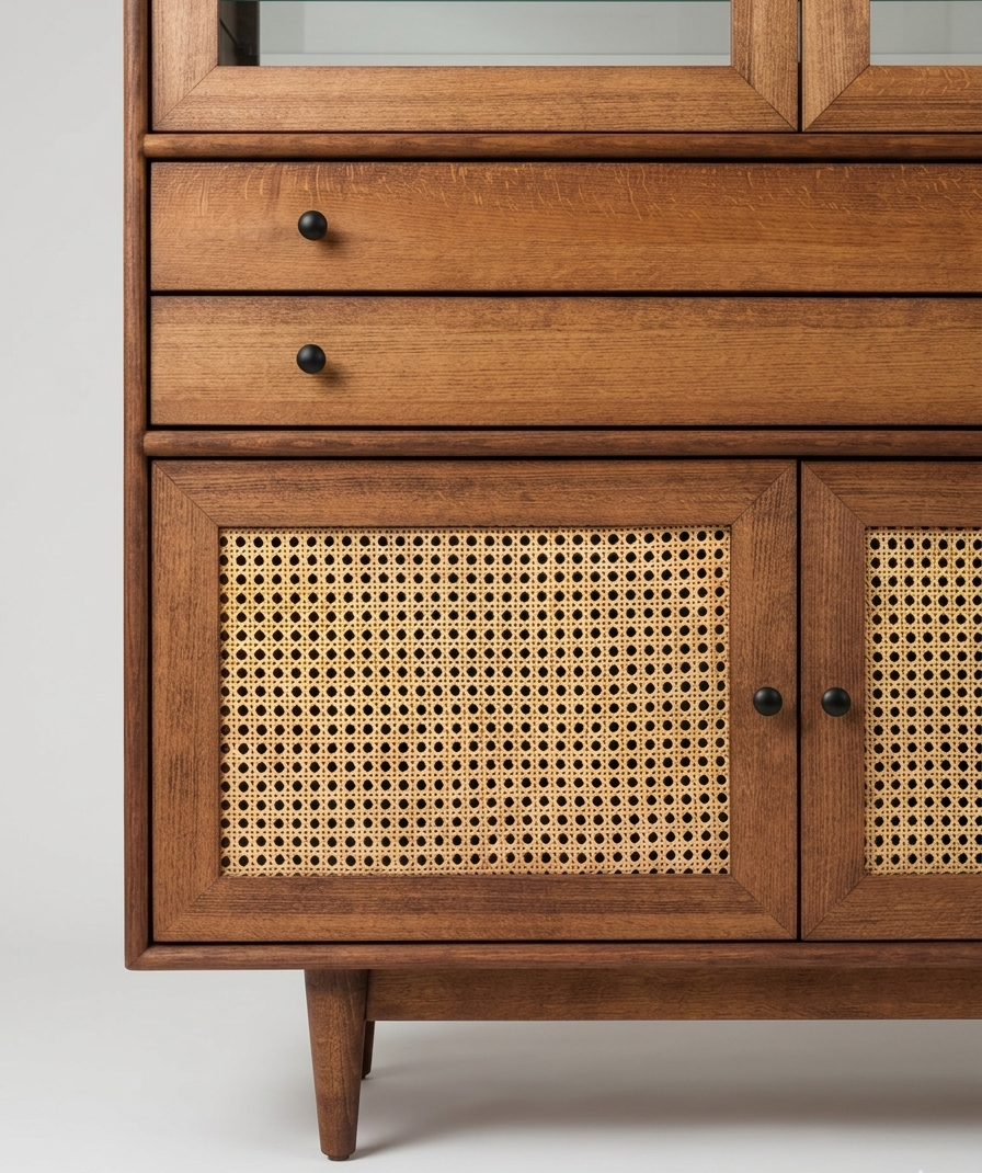 Mualla Solid Wood Bamboo Woven Teak Liquor Cabinet