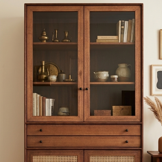 Mualla Solid Wood Bamboo Woven Teak Liquor Cabinet