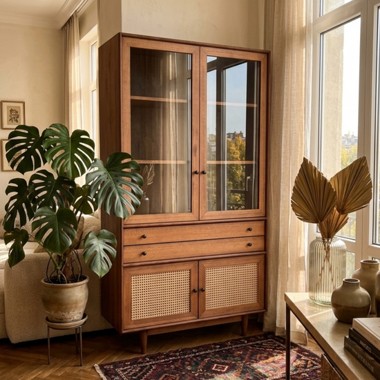 Mualla Solid Wood Bamboo Woven Teak Liquor Cabinet