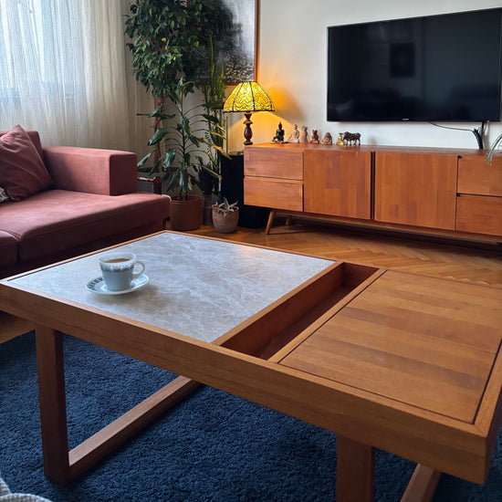 Şazimet Masif Ahşap Cinnamon Brown Orta Sehpa - Patara Bej Mermerli