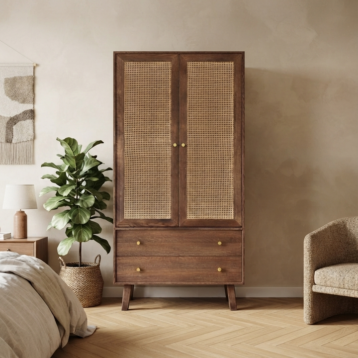 Yekum Solid Wood Bamboo Woven Chocolate Wardrobe