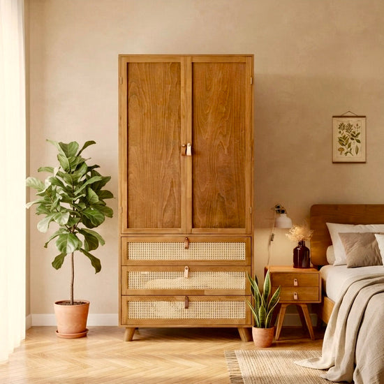 Yekum Solid Wood Bamboo Woven Teak Wardrobe