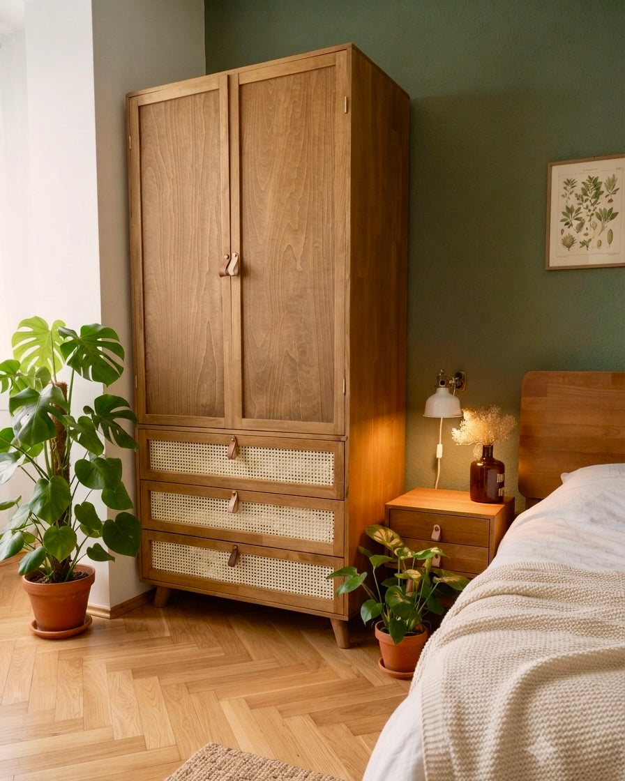 Yekum Solid Wood Bamboo Woven Teak Wardrobe