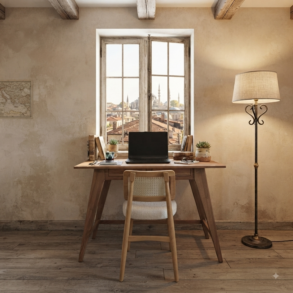 Gülendam V2 Solid Wood Chestnut Veneer Study Desk