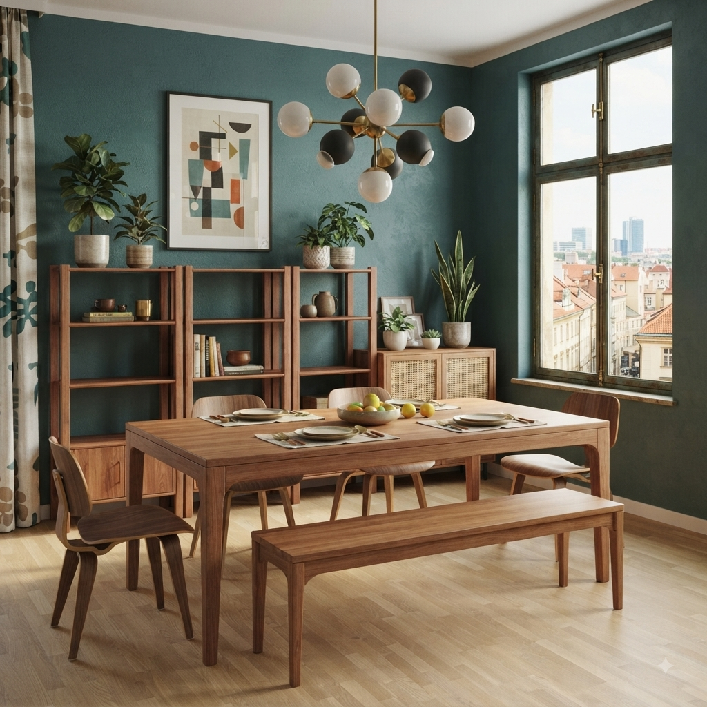 Naif Solid Wood Bourbon Dining Table and Bench