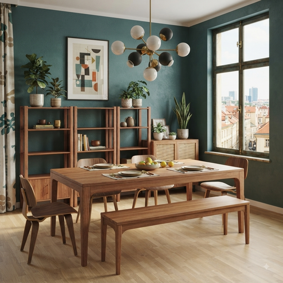 Naif Solid Wood Bourbon Dining Table and Bench