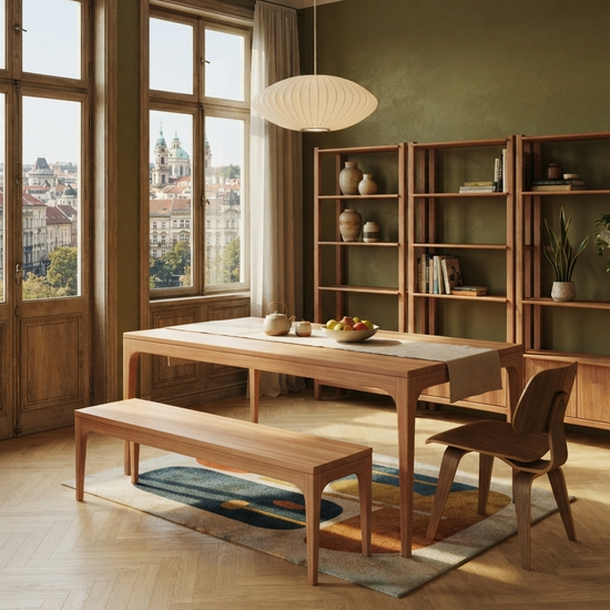 Naif Solid Wood Bourbon Dining Table and Bench