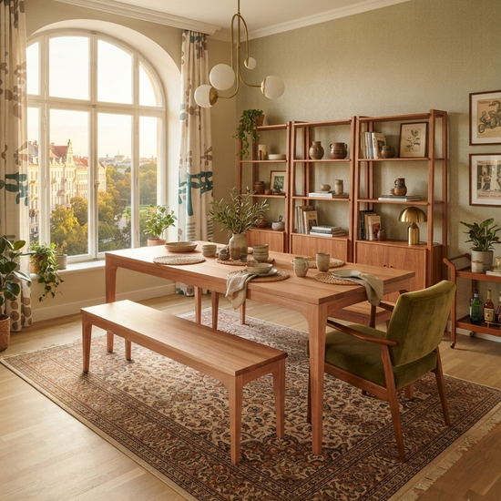 Naif Solid Wood Bourbon Dining Table and Bench