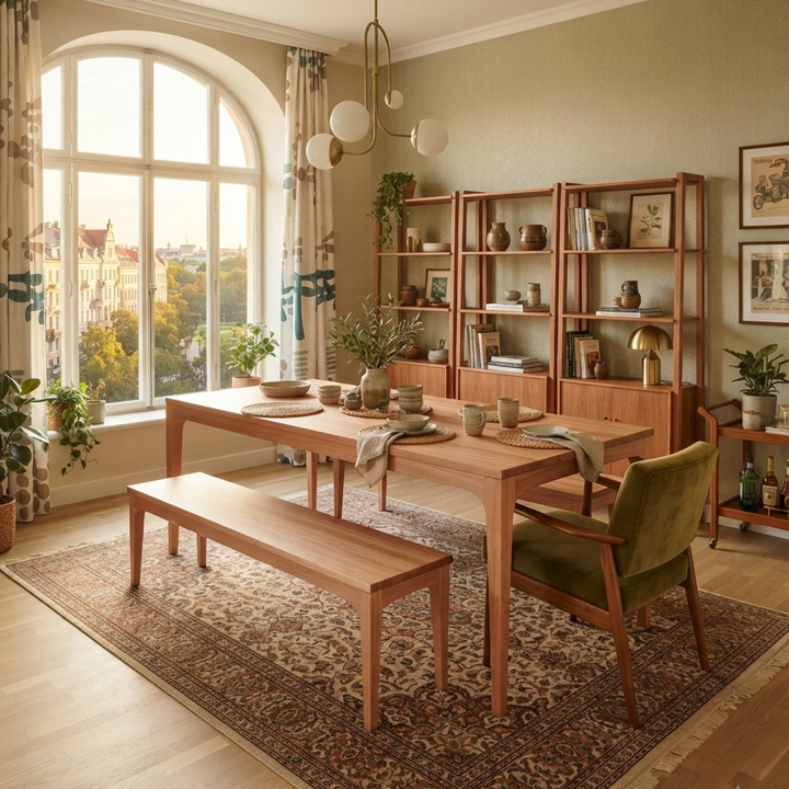 Naif Solid Wood Bourbon Dining Table and Bench