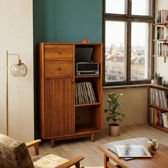 Mazhar Solid Wood Cinnamon Brown Record Cabinet