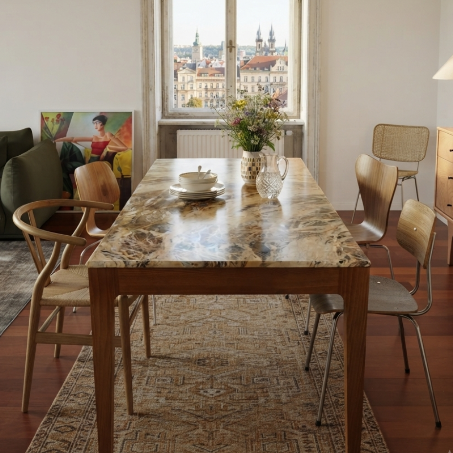 Naif Solid Wood Cinnamon Brown Blue Jean Light Dining Table