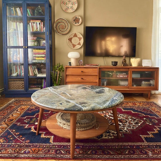 Muaşaka Masif Ahşap Cinnamon Brown Blue Jean Mermerli Orta Sehpa