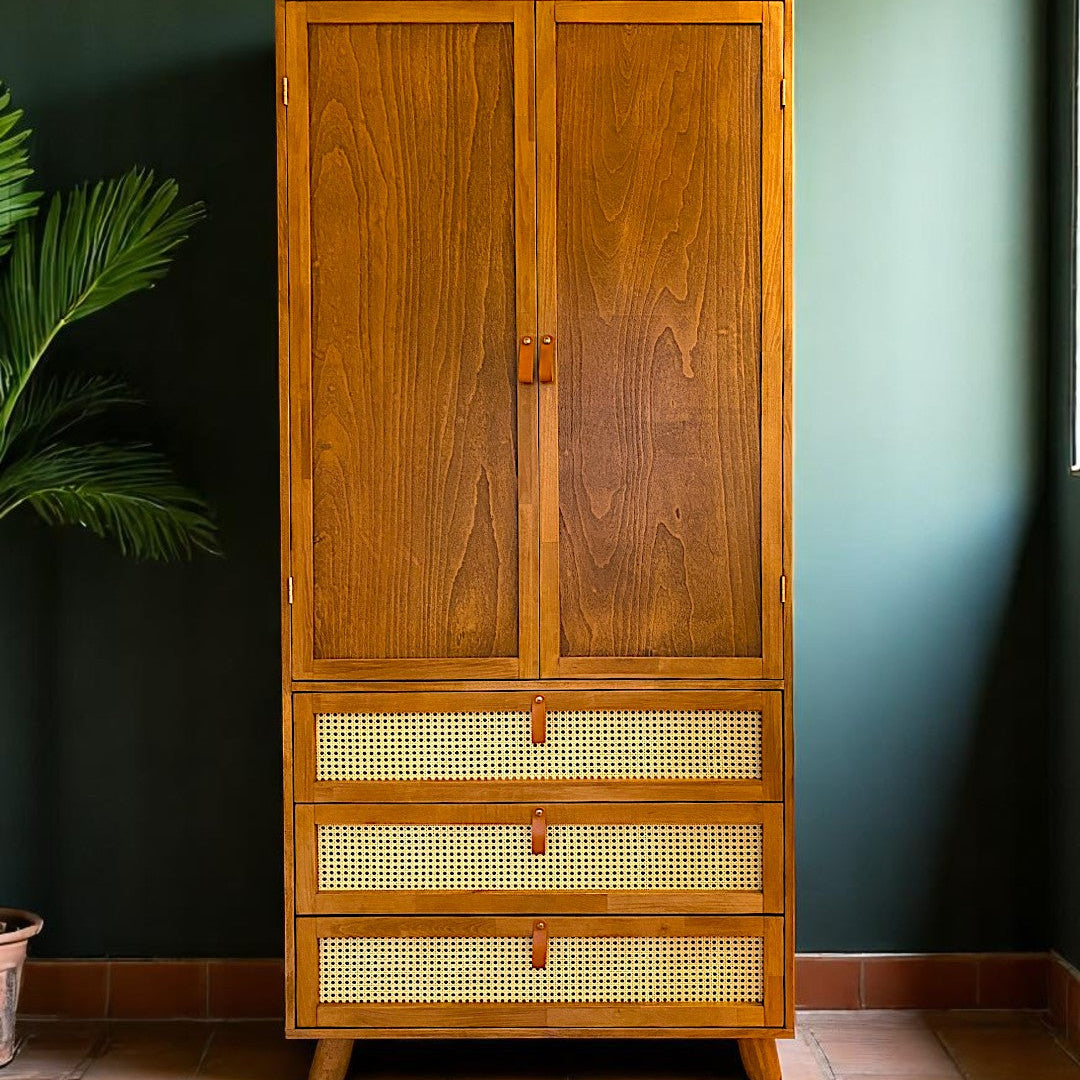 Yeküm Masif Ahşap Bambu Örgülü Tik Gardrop